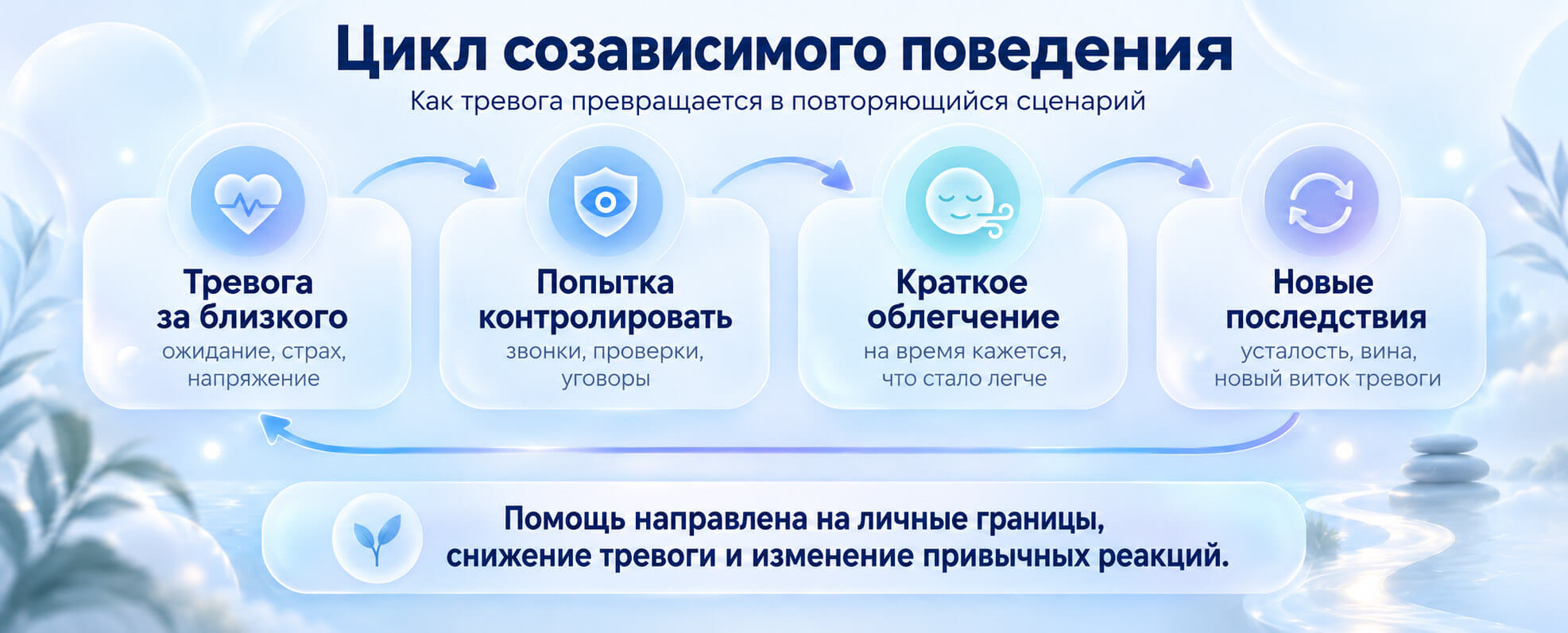 Цикл созависимого поведения: тревога, попытка контроля, краткое облегчение и новые последствия